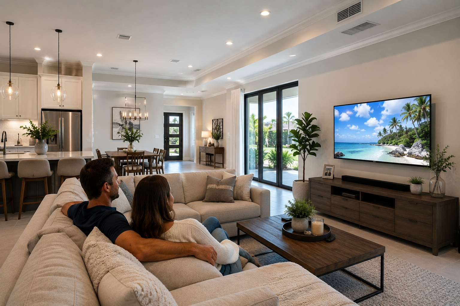 Happy family relaxing in a modern Florida living room with central air conditioning and ceiling air vents keeping the home cool and comfortable